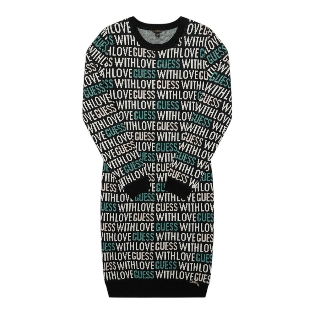 Guess Sweater Dress Logo Spell Out Black White Green With Glitter Sz 14 - Picture 4 of 9